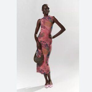 Urban Outfitters Pink Graphic Mesh Midi Dress  - Size Medium